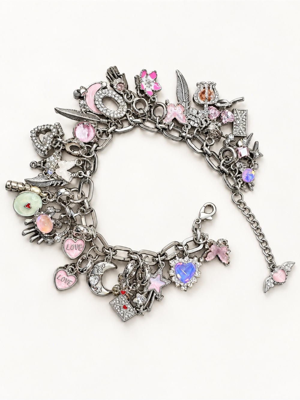 Silver-Tone Pink Crystal Charm Bracelet with Heart & Star Accents